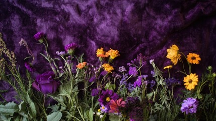 A mix of vibrant wildflowers delicately floating across a plush purple velvet backdrop, showcasing luxury and beauty in perfect harmony.