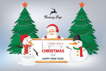 Cute Santa Claus and snowman with forest landscape. Merry Christmas and Happy New Year theme. Christmas greeting card
