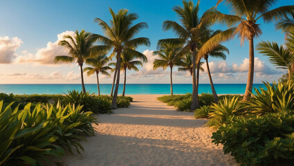 Fototapeta premium Tropical Beach Pathway with Palm Trees, Lush Green Foliage, and Turquoise Ocean Under a Clear Blue Sky