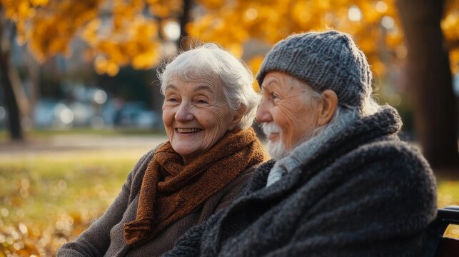 Abuelos tiernos sentados en un barco de un parque en oto&ntilde;o. Miradas felices, disfrutando de la tarde.