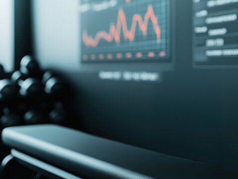 Fitness Studio Interior Featuring Dark Walls, Weightlifting Equipment, and Graphs Illustrating Workout Progress in a Modern Athletic Environment