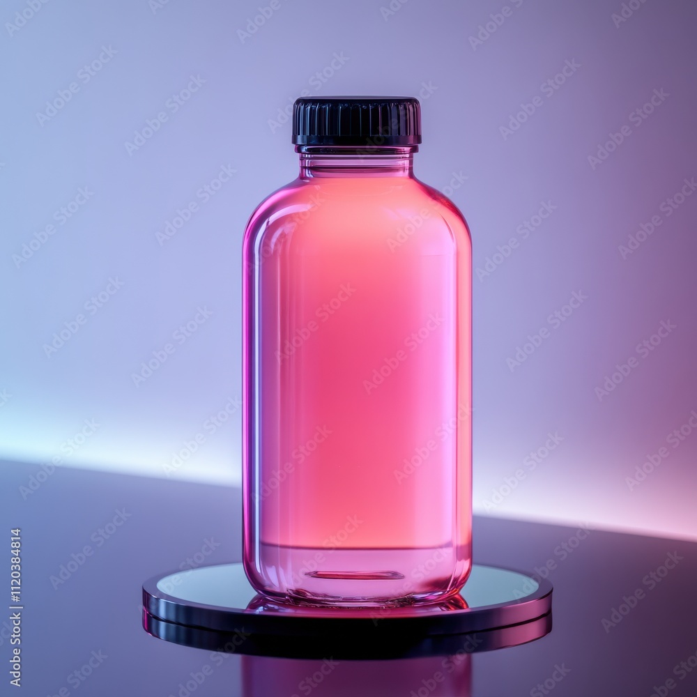 Poster stylish and elegant glass bottle with black lid displayed on reflective surface against a soft pink 