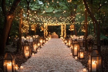 Fototapeta premium Enchanting evening wedding ceremony outdoor venue romantic decorations forest setting warm lighting celebration of love