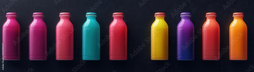 Poster vibrant collection of colorful bottles arranged in a gradient pattern on a black background for crea