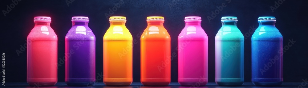 Poster colorful bottles displayed in a line with dynamic lighting effects creating a vibrant, modern aesthe