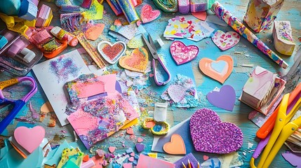 Fototapeta premium Colorful Craft Supplies Scattered On A Wooden Table