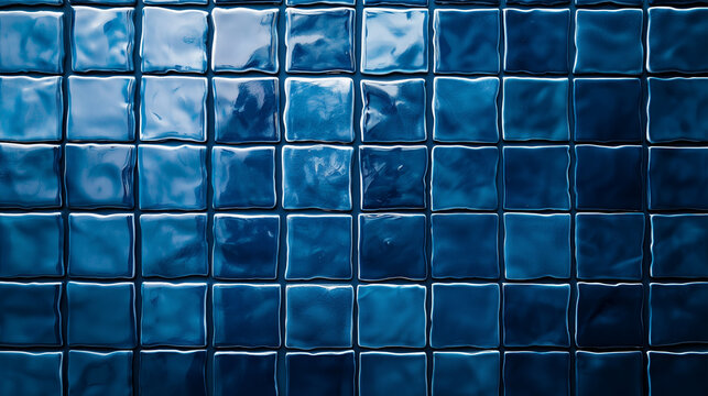 Blue ceramic tile background with a seamless pattern of blue square tiles for bathroom or swimming pool decoration. 