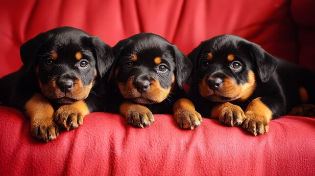 Cachorros de rottweiler sobre un sof&aacute; rojo, concepto de mascotas y salud veterinaria