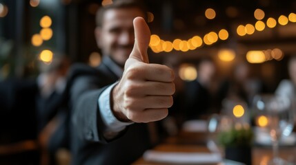 Celebration of Success with Thumbs Up Gesture