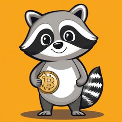 Obraz premium Cute cartoon raccoon holding Bitcoin.