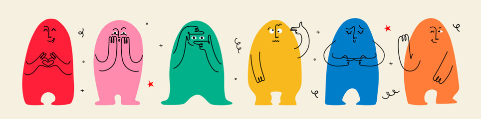 Comic emoji color icons with hands and eyes. Various finger gestures, signs and symbols. Vector cartoon abstract trendy flat isolated face emotions set