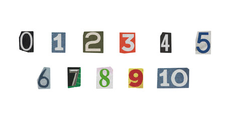 cut-out numbers set from magazines on a transparent background