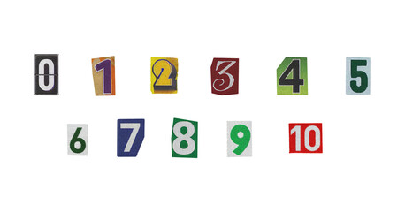 cut-out numbers set from magazines on a transparent background