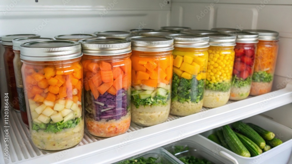 Poster a freezer filled with portioned meals features a beautiful array of homemade soups in mason jars. ea