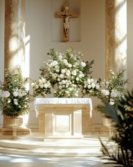 Religious ceremony celebrating milestones church altar floral arrangement bright interior sacred space spiritual significance