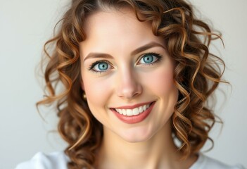 Fototapeta premium Smiling female portrait with bright blue eyes and curly brown hair