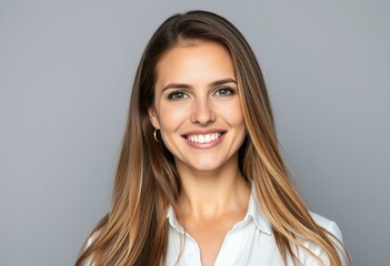 Obraz premium Portrait of a smiling woman with long brown hair and white blouse