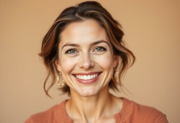 Naklejka premium Warm and inviting portrait of a 35-year-old female with a happy smile