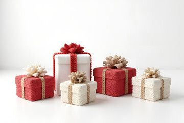 Obraz premium Gift boxes wrapped in woolen knitting, clean white canvas, 3D illustration, Christmas presents and gifts, new year background