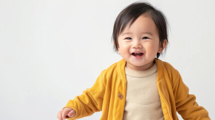 Adorable Smiling Baby in Yellow Cardigan Against White Background Capturing Joyful Expression