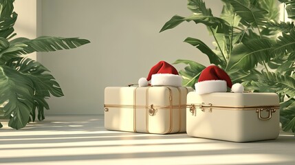 Minimalist design featuring modern suitcases and festive Santa hats in a studio with a warm holiday glow.