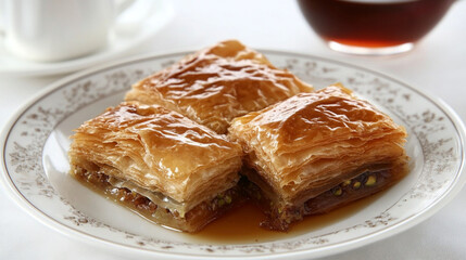 Delicious traditional Baklava with pistachios and syrup on a plate