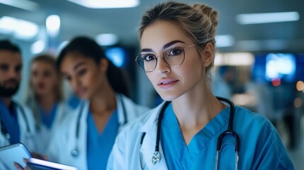 Doctora muy apuesta orgullosa de su labor gracias a su equipo médico.