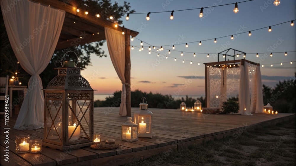 Poster delicate string lights le overhead creating a warm glow as dusk approaches while lanterns filled wit