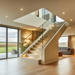 Modern Minimalist Staircase with Glass Railings and Flood of Natural Light
