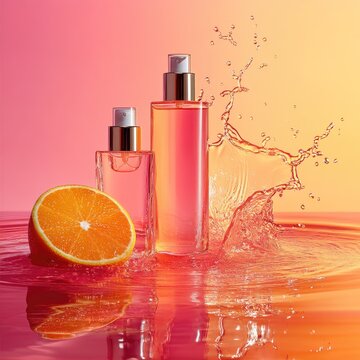 Radiant pink and orange gradient backdrop with artfully arranged skincare items amidst fresh water splas
