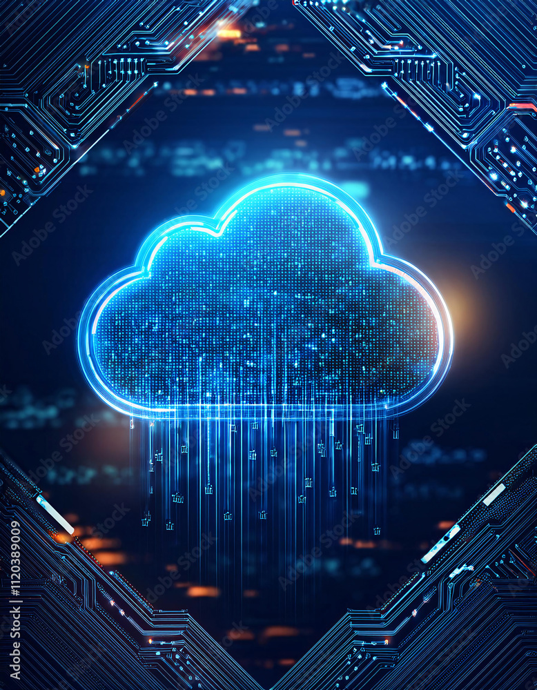 Poster a glowing blue cloud with data streams flowing from it, set against a backdrop of circuit boards and