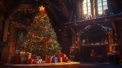 Naklejka premium Festive presents nestled beneath a resplendently decorated Christmas tree, the ambient glow of cozy lighting casting a warm and inviting atmosphere. 