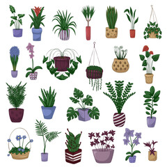 Set of Hand drawn cute illustration of plants in pot. Home plant icon.