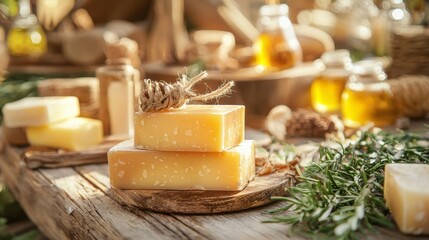Natural handmade soap bars with rosemary on a rustic table