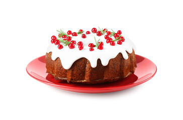 Traditional Christmas cake decorated with currants and rosemary isolated on white