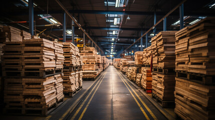 Rows of wooden pallets for delivery products. 