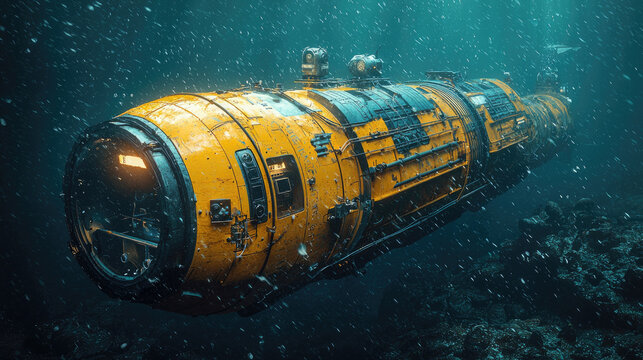 Autonomous submarine moves underwater, orange research ROV bathyscaphe in ocean, deep sea vehicle swims under water. Concept of science, depth, exploration