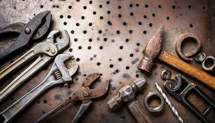 Fototapeta premium old rusty tools on a wooden background