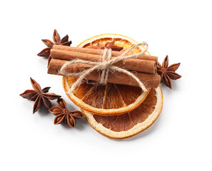 Different aromatic spices isolated on white. Christmas season