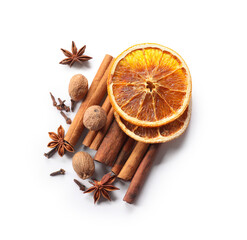 Different aromatic spices isolated on white, top view. Christmas season