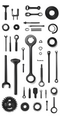 Obraz premium Theme: Mechanical Workshop, Tools, Icon Set, Shapes, Objects, on White Background, Abstract Image, Texture, Pattern Background, Wallpaper, Cover and Screen of Smartphone, PC, Laptop, 9:16 and 16:9 For