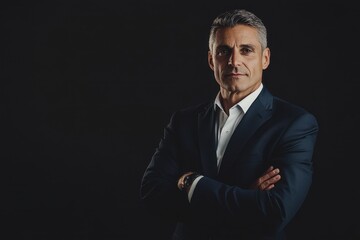 Obraz premium Confident middle-aged man poses smartly in a dark setting showcasing his professionalism and experience