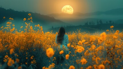 Woman in yellow flower field at night, full moon.