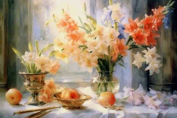 still life with gladioli in a vase on the table., watercolor style,  