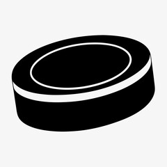 Minimalist hockey puck illustration shown in tilted perspective. Clean black and white design emphasizes cylindrical form. Concept: Ice Hockey, Sports Equipment, Athletic Gear