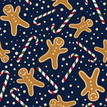 Vector Gingerbread Man ditsy background pattern print. Ideal for Christmas gifts and decorations. Perfect for fabric, wallpaper, wrapping, scrapbooking and stationery. Surface pattern design.