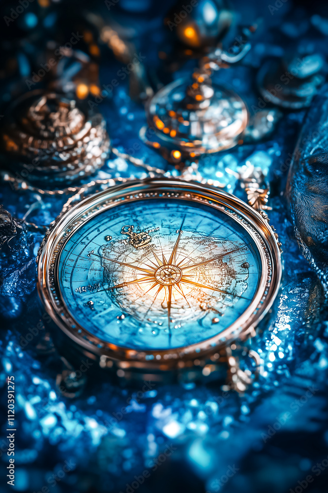 Poster a faintly glowing map fragment rests among old navigational instruments on a dark surface