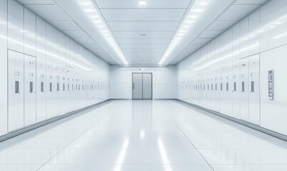 Obraz premium Empty, modern, white hallway with reflective floor, industrial equipment.