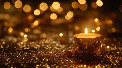 Golden glitter background with beautiful Christmas candle and copy space 