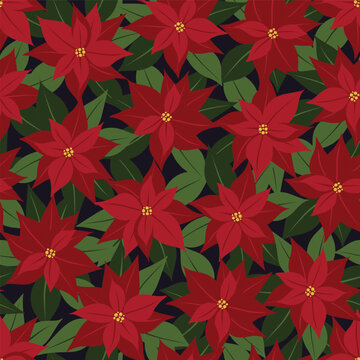 Vector red Christmas poinsettia seamless pattern background. Ideal for Christmas gifts and decorations. Perfect for fabric, wallpaper, wrapping, scrapbooking and stationery. Surface pattern design.